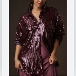 Pilcro Sequin Oversized Button Down Shirt in Plum Size XXS